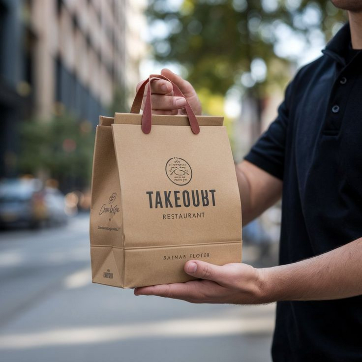 Custom branded takeout bag with bold logo for restaurant marketing.