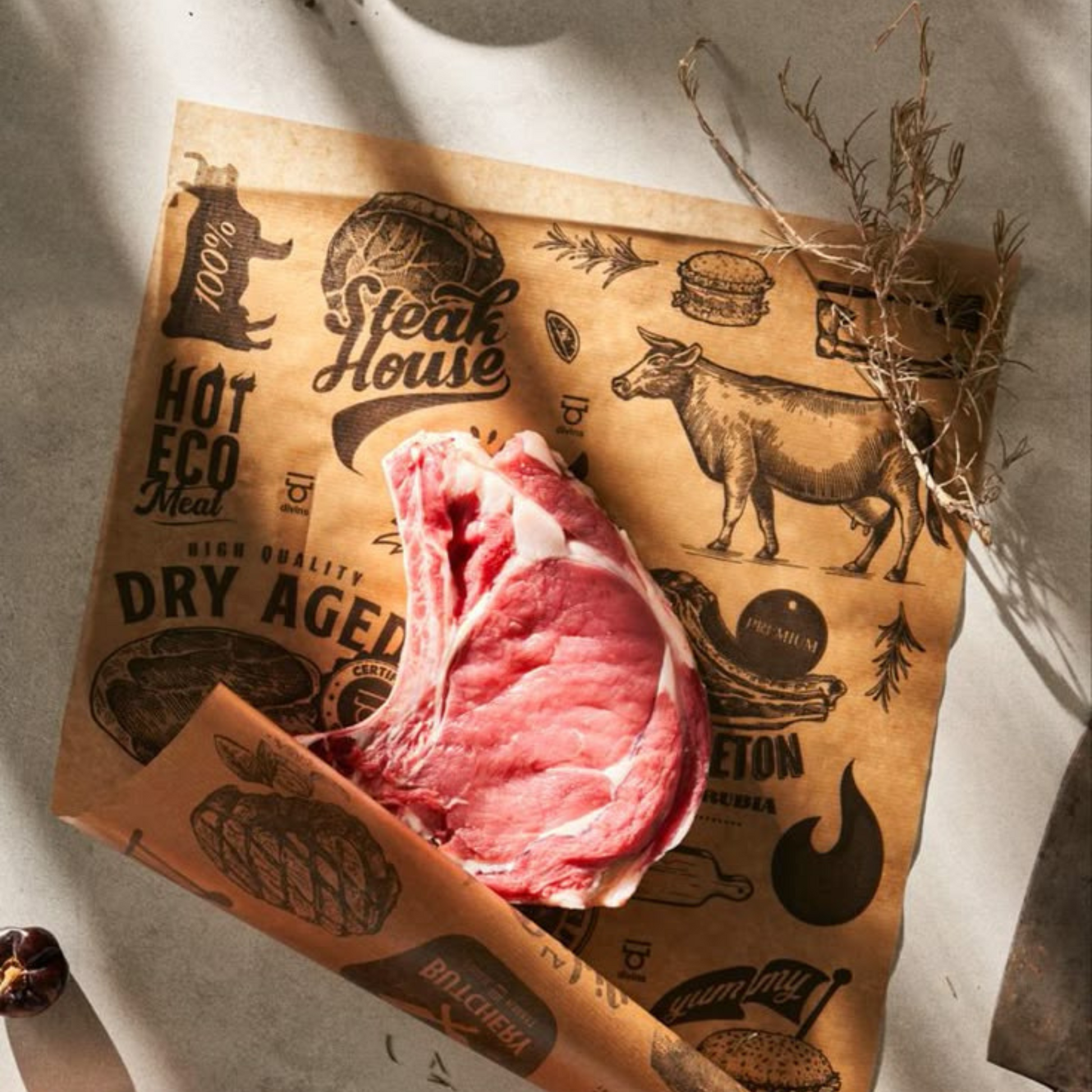 Custom butcher paper with logo used for meat wrapping.