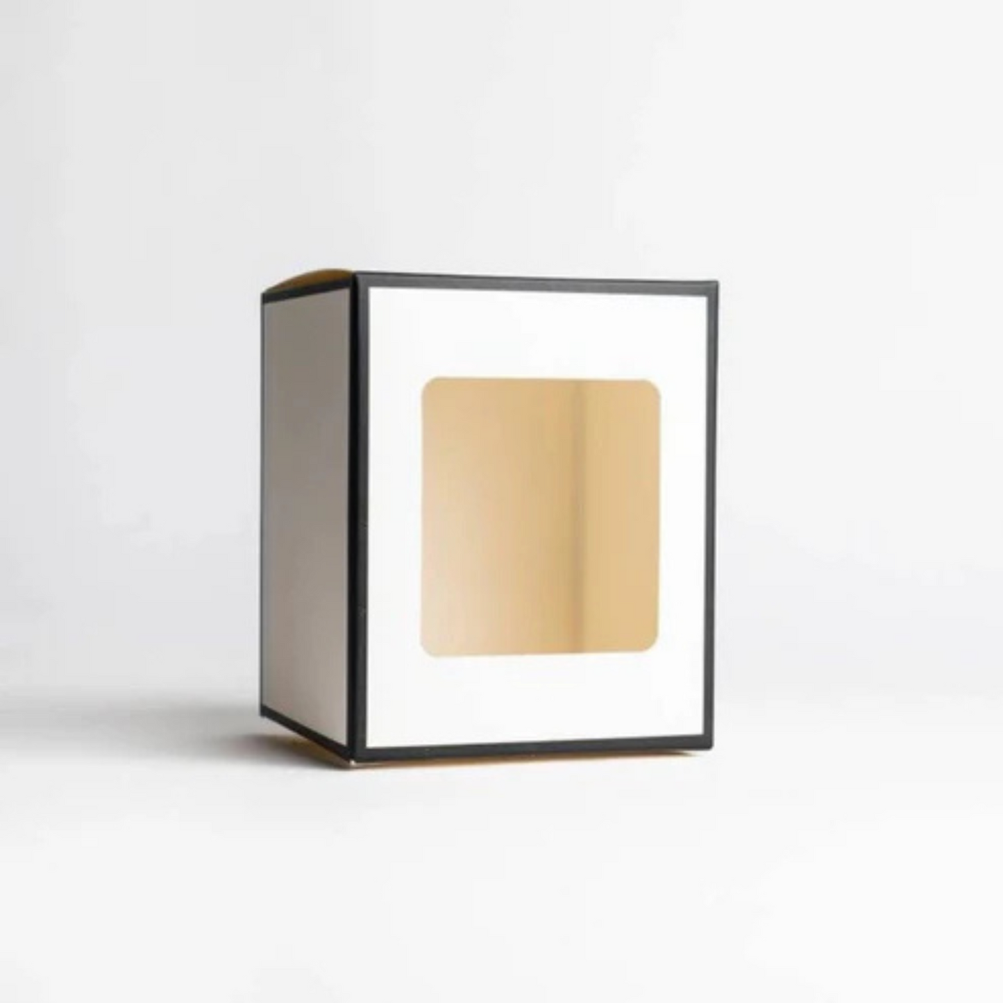 Retail-ready candle box with die-cut window and brand print