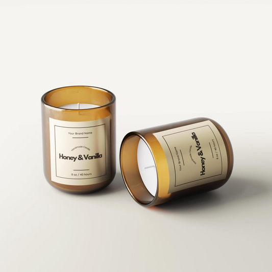 Personalized candle label with brand logo on ceramic jar.