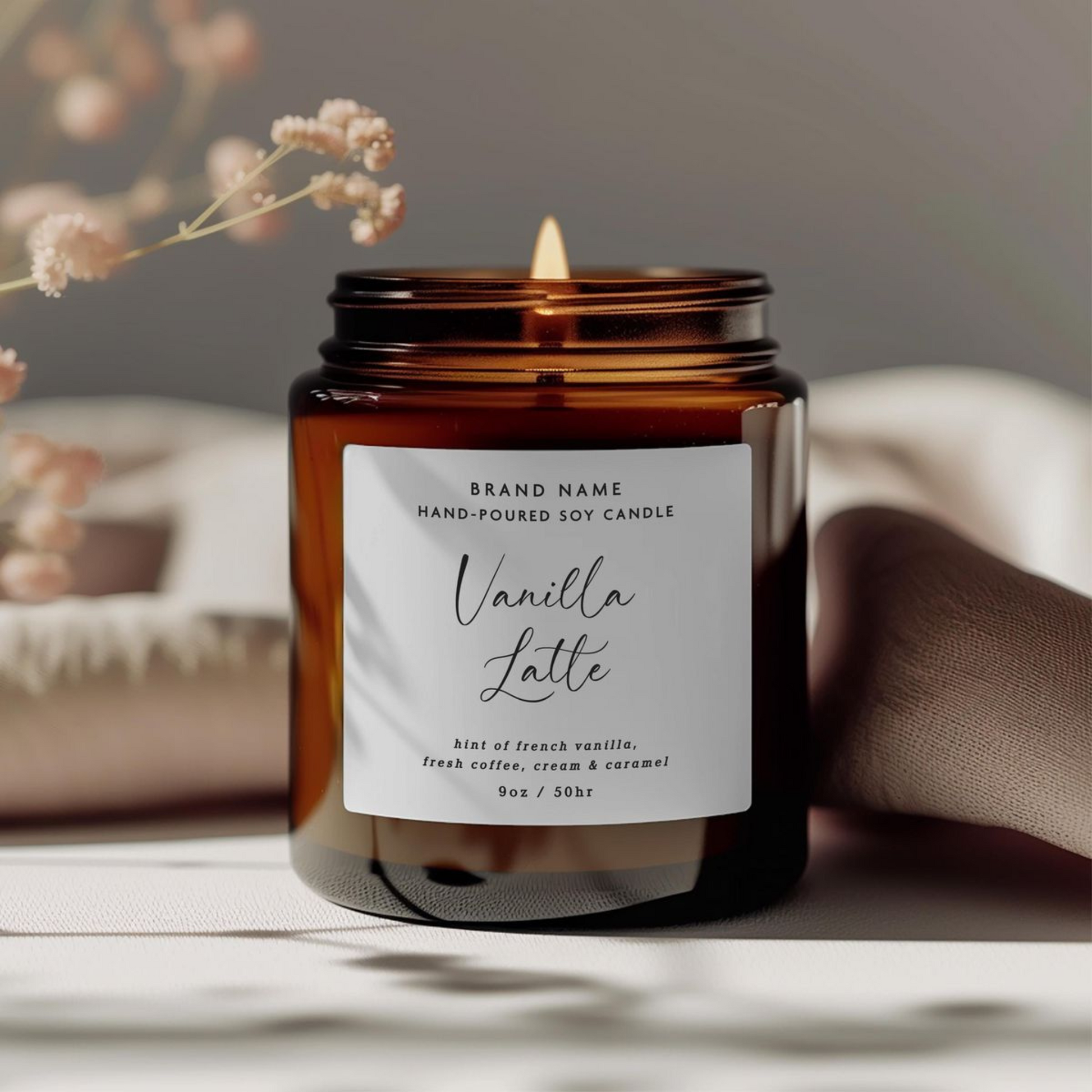 Waterproof label on candle tin with matte finish and scent name.