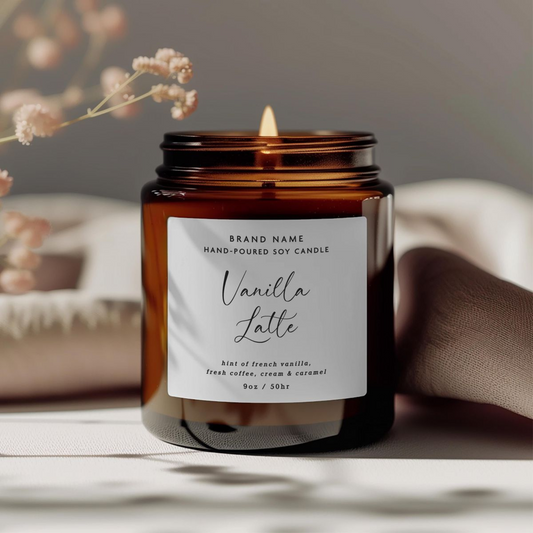 Waterproof label on candle tin with matte finish and scent name.