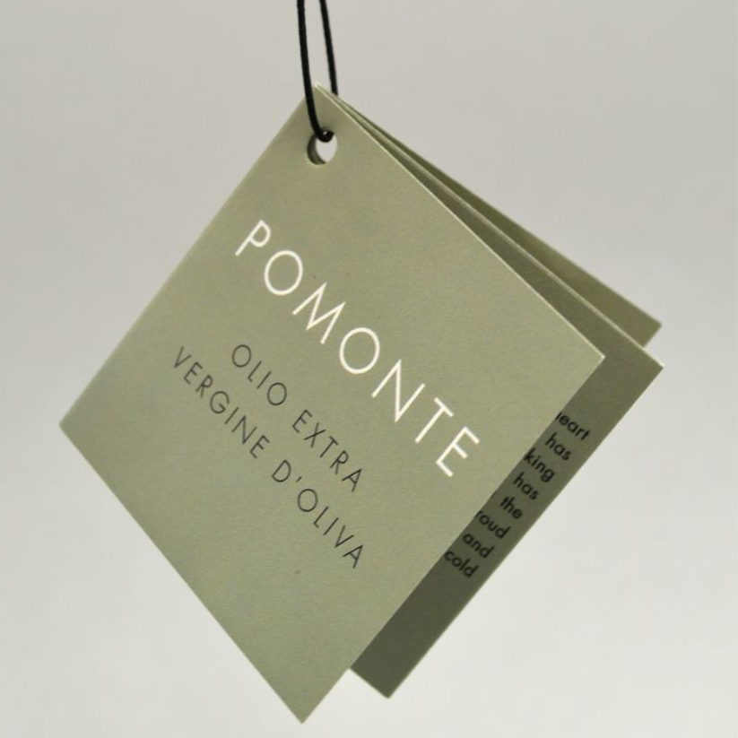 Custom folded hang tags with premium printing for retail and clothing brands.