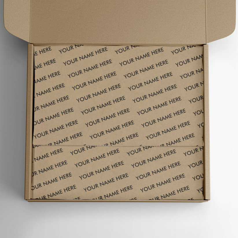 Eco-friendly custom kraft tissue paper with logo printing for branded packaging.
