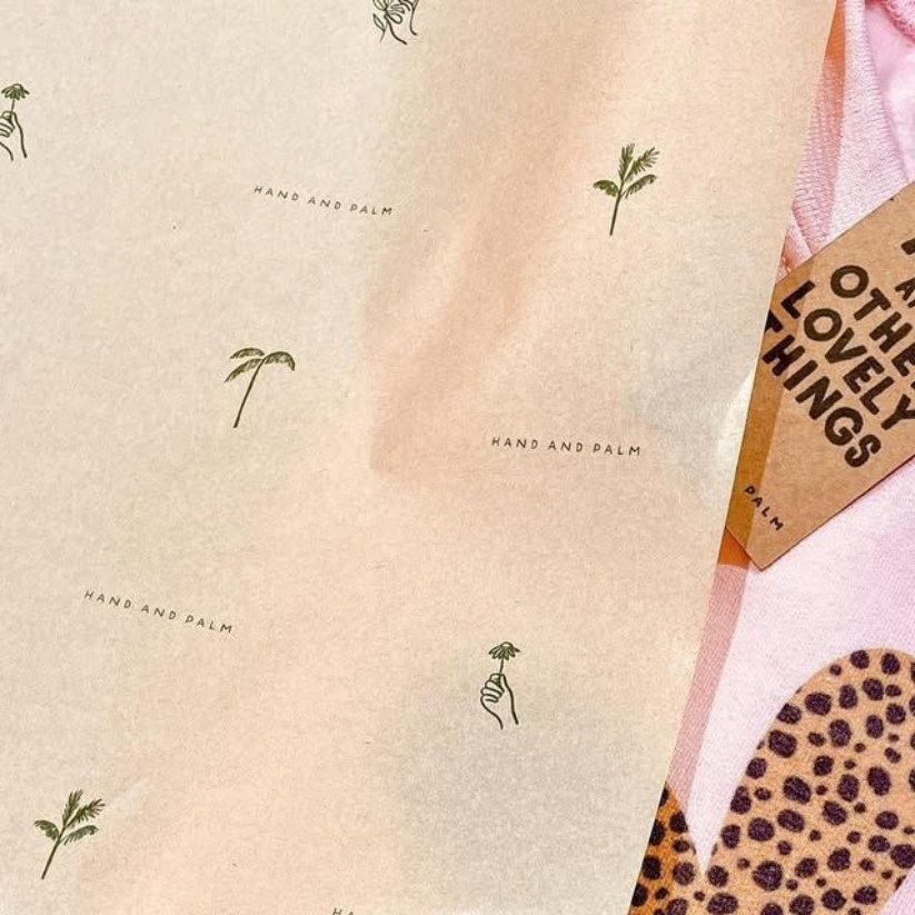 Printed kraft tissue paper for retail, gift, and eCommerce packaging.